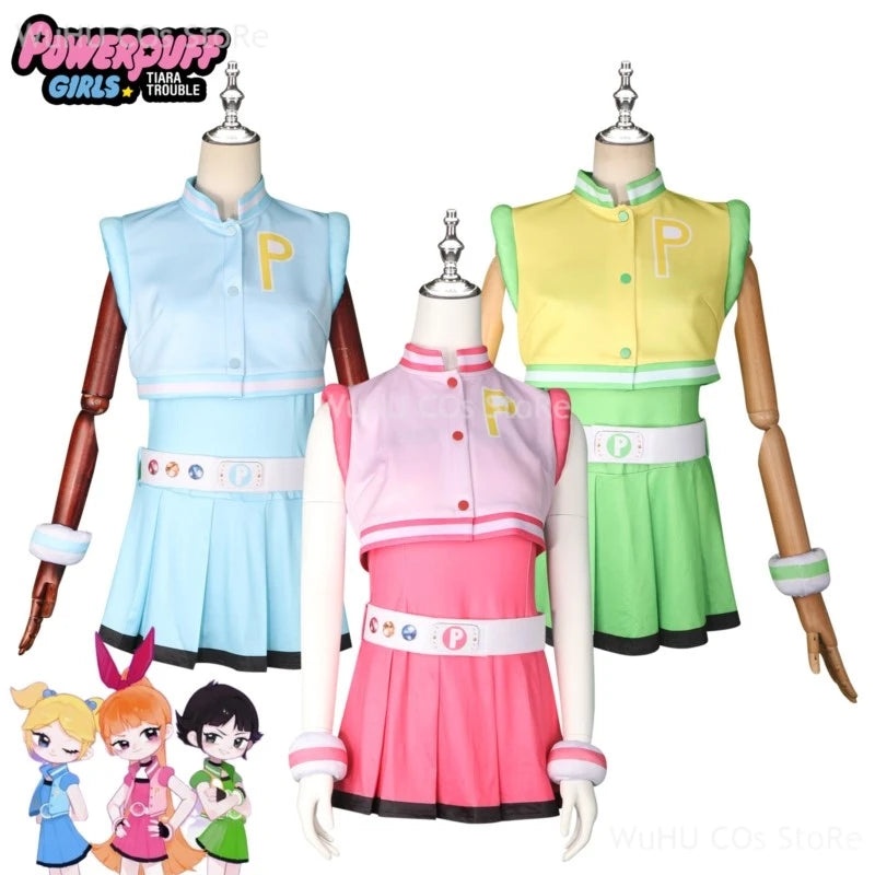 Power Cos Puff Girls Cosplay Costume Hyper Blossom Rolling Bubbles Costume Vest Coat Dress Outfit Hairband Gloves Belt Wig Women