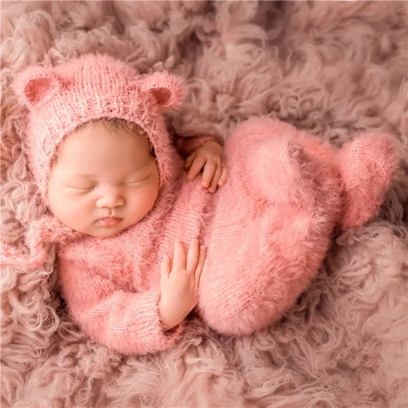 Hand Knitted Wolf Pup Footed Outfit Set Baby Boy Animal Romper Newborn Photography Prop Fuzzy Crochet Teddy Bear Overall Clothes
