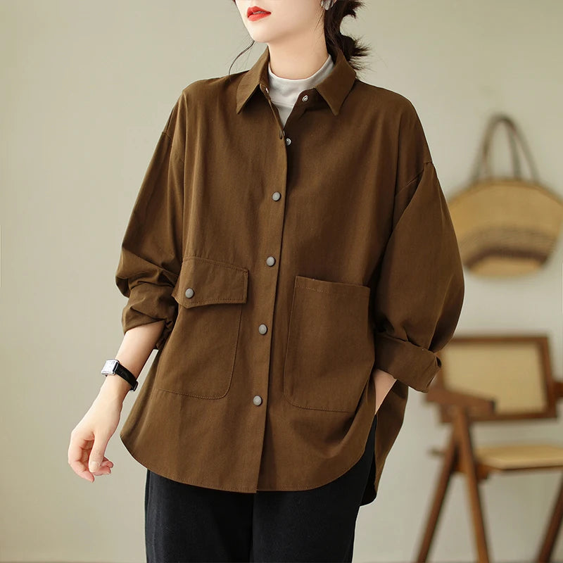 Cotton Linen Jacket Women Loose Thin Casual Trench Coat Korean Fashion Autumn Long-sleeved Shirt Oversize Blouse Camisa Feminina
