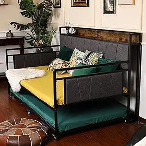 Twin Daybed with Trundle, Modern Twin Size Sofa Day Bed, Sturdy Metal Bed Frame with Upholstered Headboard for Living Room, Bedr