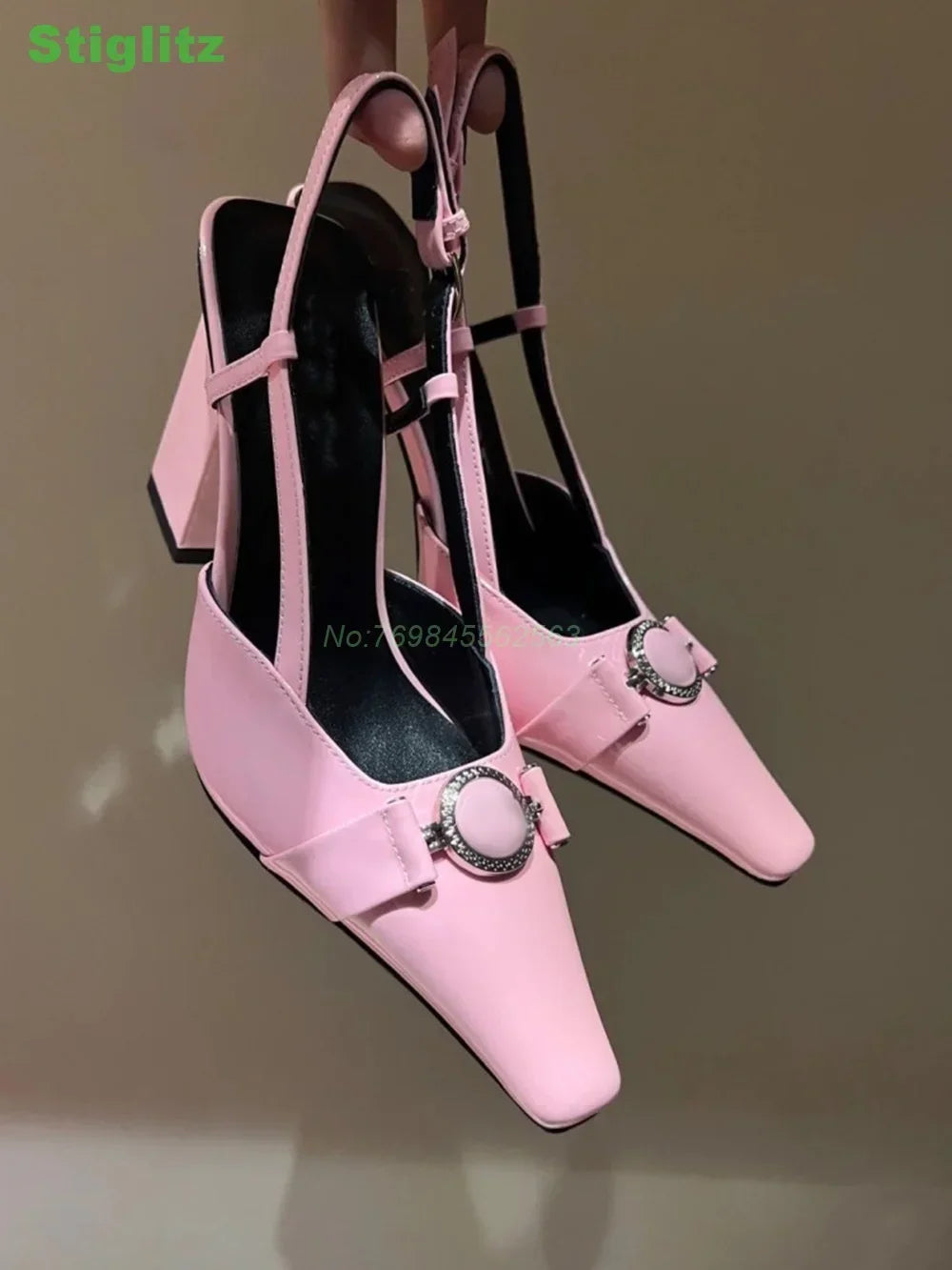 Sexy Slingback solid Sandals Metal Decoration Square Toe Chunky Shallow 2024 Summer Women Luxury Shoes Pink Purple Large Size