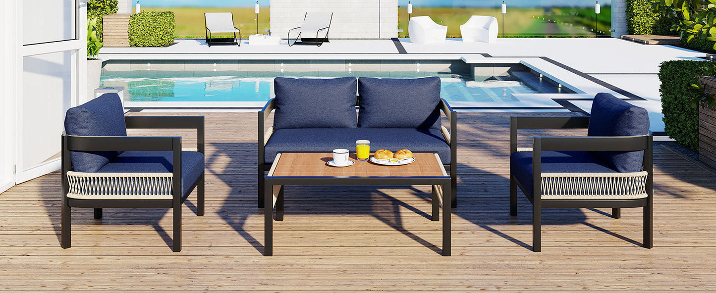 Multi-person Outdoor Iron Sofa Set with Table, Rattan Decoration,