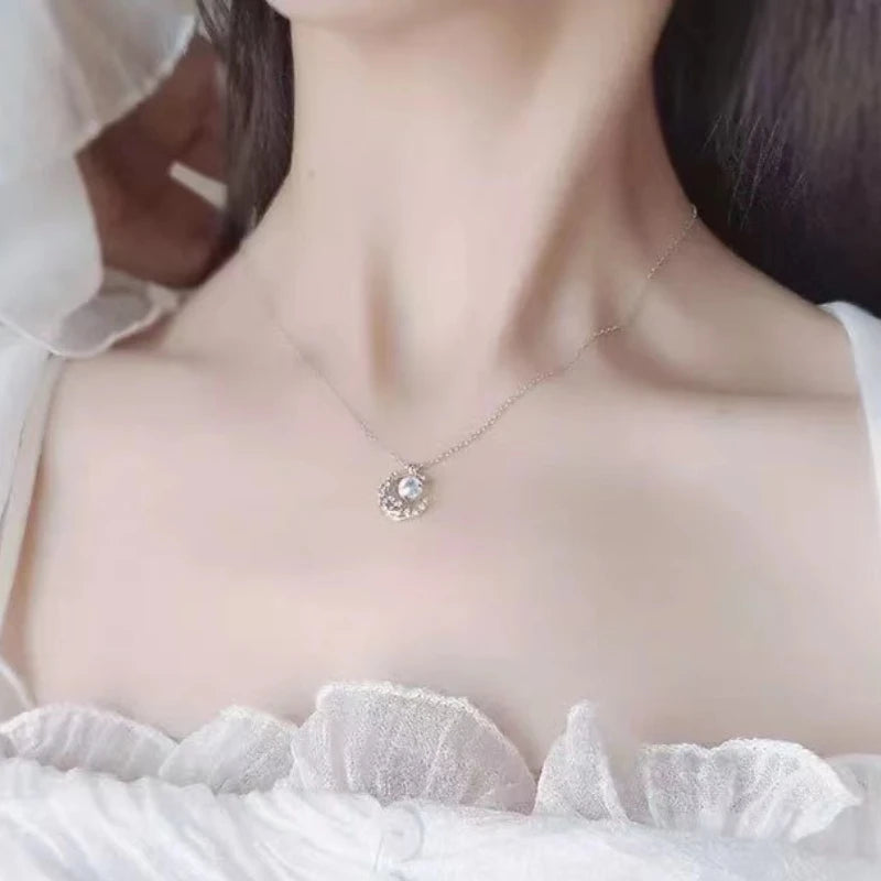 Charm Star Moon Pendant Necklace for Women Elegant Stainless Steel Rhinestone Chain Chokers Luxury Wedding Bride Jewelry Gifts