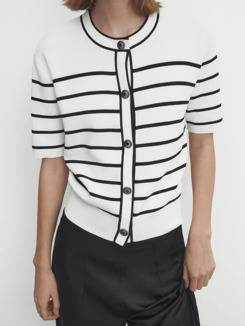 Ele Button Design Striped Cotton Knitted Open Cardigan Outerwear MD Early Autumn New Sle Commute Sle Polyester Fiber