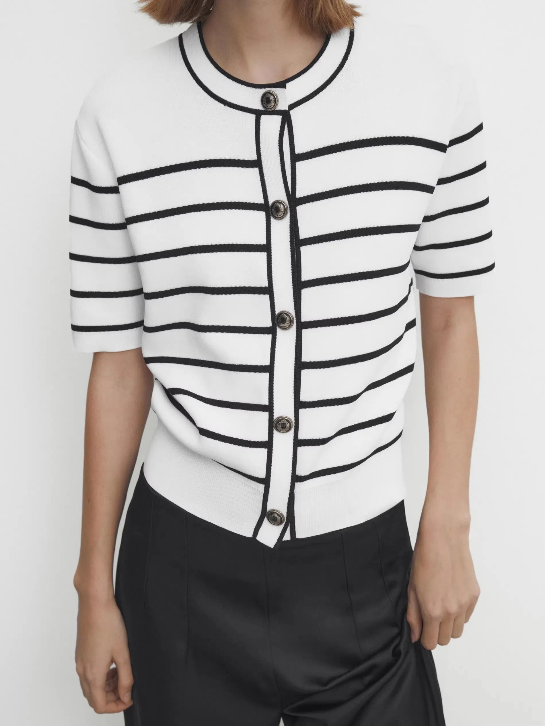 Ele Button Design Striped Cotton Knitted Open Cardigan Outerwear MD Early Autumn New Sle Commute Sle Polyester Fiber