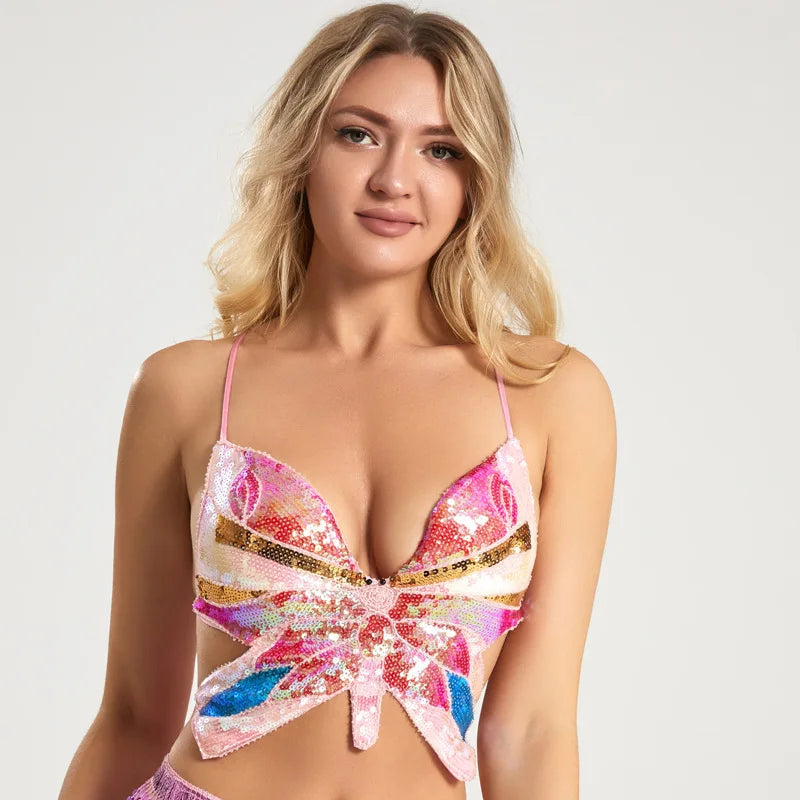 Belly Dance Tops DS Nightclub Show Sequined Top Butterfly Bra Corset Female Dance Sling Top