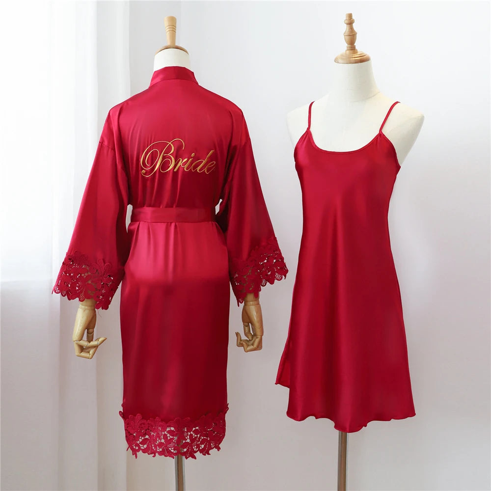 Sexy Lace Bride Bridesmaid Kimono Dresses Robes Women Home Gown Intimate Lingerie Wedding Robe Set Night Sleepwear Bathrobe 2PCS