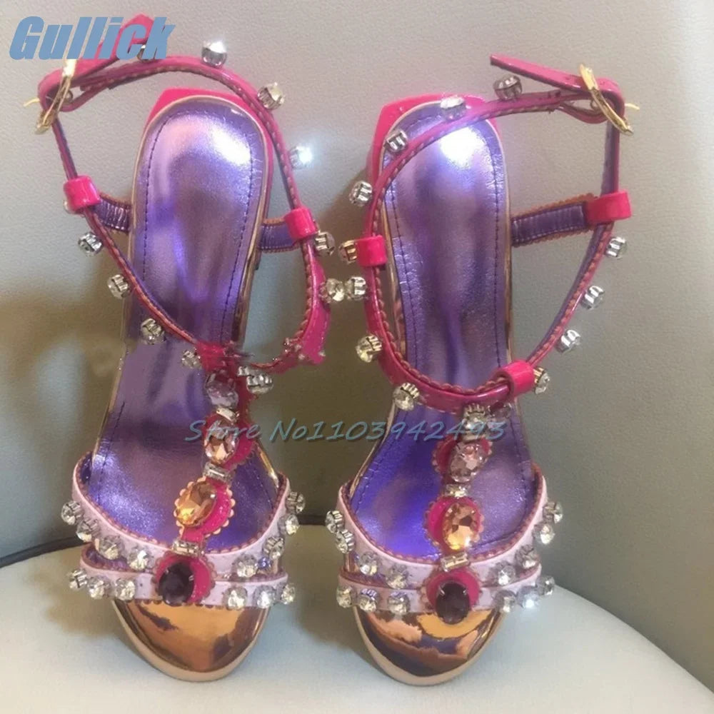 Flower Gemstone Sandals Open Toe Mixed Color High Heel Crystal Square Toe Dress Buckle Strap Summer Dress Banquet Designer Shoes