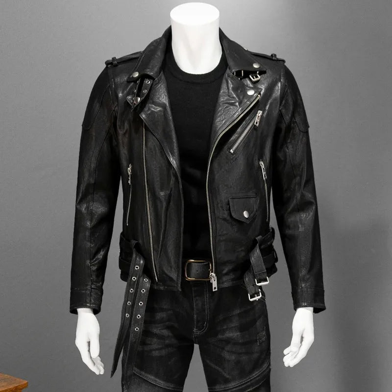 Street Punk Style Genuine Leather Jacket Men Turn-Down Collar Slim Black Short Coat Zipper Mens Sheepskin Motorcycle Jackets