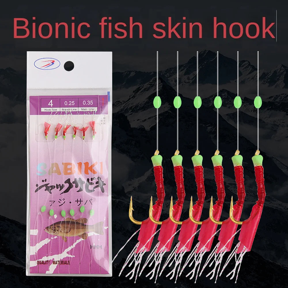 6pcs Luminous Bean Sabiki String Hook Rig Wobbler Rubber Bionic String Hook 10 Sizes Lure Bait Tackle for Sea/Freshwater Fishing