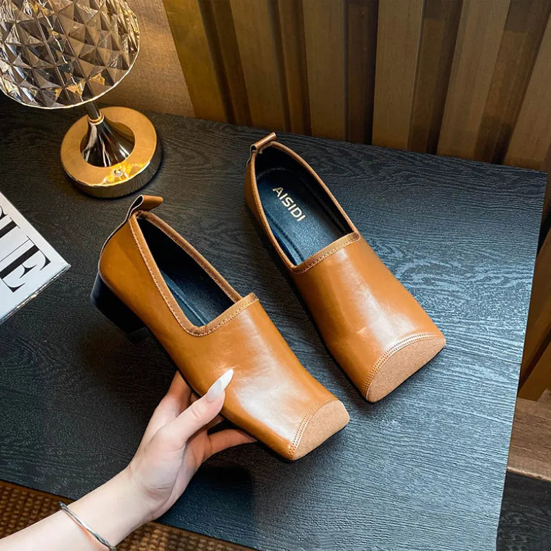 2025 Retro Square Toe Mary Janes Women's Pig Nose Ballet Shoes Autumn Slip On Low Heel French Style Pumps Mujer Plus Size 35-42