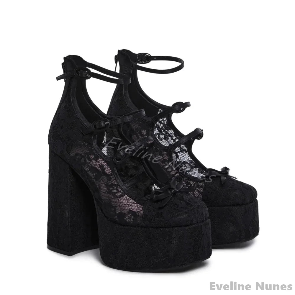 Red Lace Butterfly Knot High Heels Women Round Toe Chunky Heel Platform Shallow Hollow Sandals New Fashion Sexy Wedding Shoes