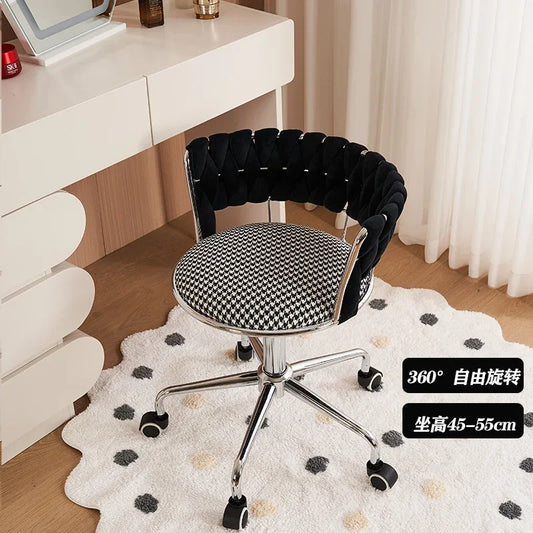 Nordic Makeup Chair With Woven Backrest, Houndstooth Pattern Seat For Bedroom,