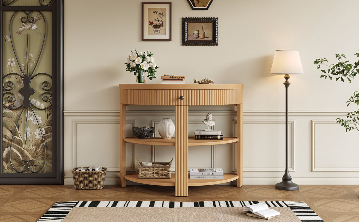 Fluted Half Moon Console Table with Drawer and 2 Shelves for Entryway,