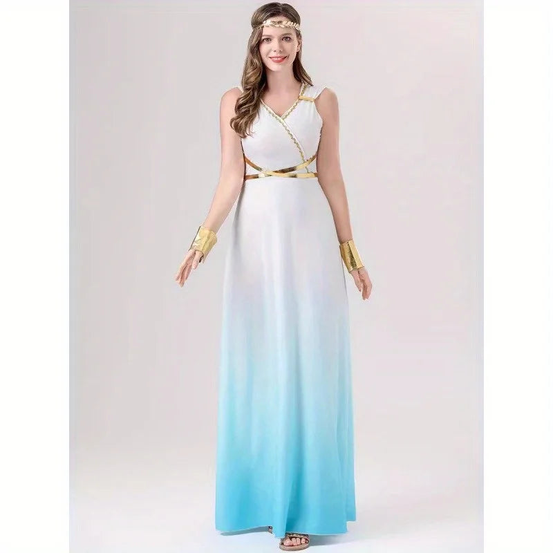 Costumes accessories Halloween costume blue and white gradient dress Greek goddess dress cosplay dance party performance costume