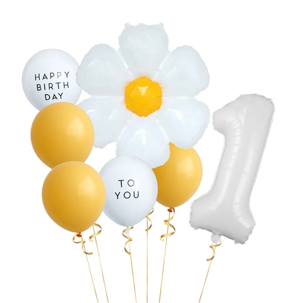 8pcs White Daisy Balloon Set With 32inch 1-9 White Number Ballon For  Daisy Themed Birthday Party Decor Kids Toys Helium Globos