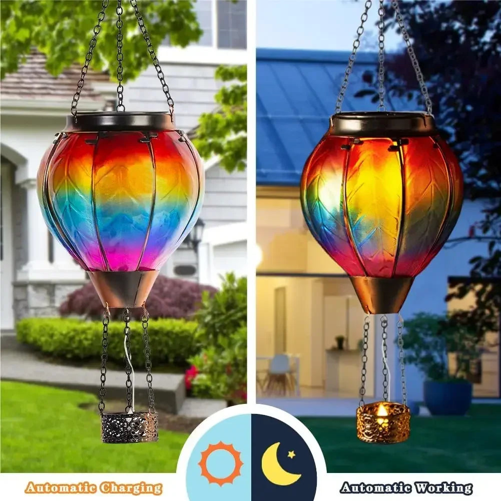 Hot Air Balloon Shape Lantern Flickering Flame Hanging Paper Lamp Outdoor Solar Garden Light IP65 Waterproof Holiday Party Decor