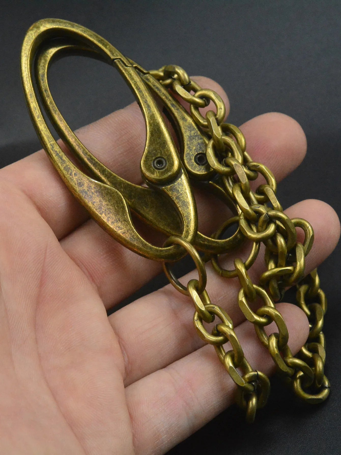 24 in long pants trucker biker jean 9mm carved oval anchor link chain dual  large spring carabiner keychain bronze