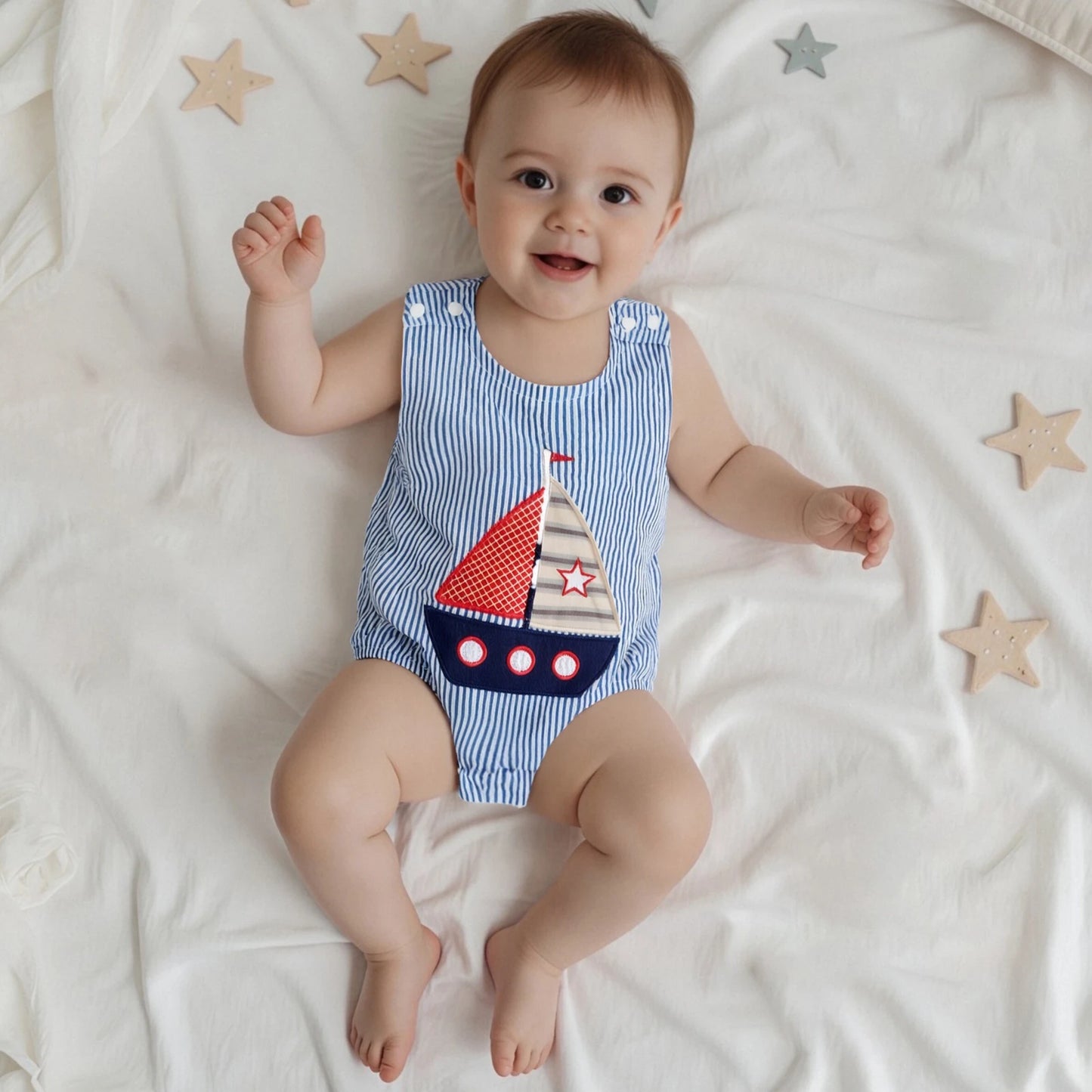 Baby Boy Striped Overalls Romper Sailboat Embroidered Sleeveless Bodysuit Cute Summer Clothes