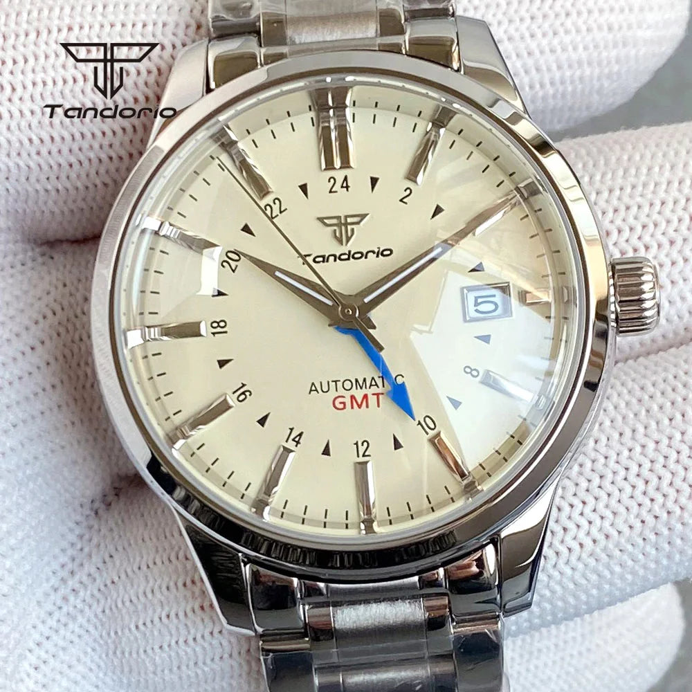 Tandorio Custom NH34 40mm Automatic Watch Double Domed Sapphire Date GMT Polished Dive Wristwatch for Men 20BAR Transparent Back