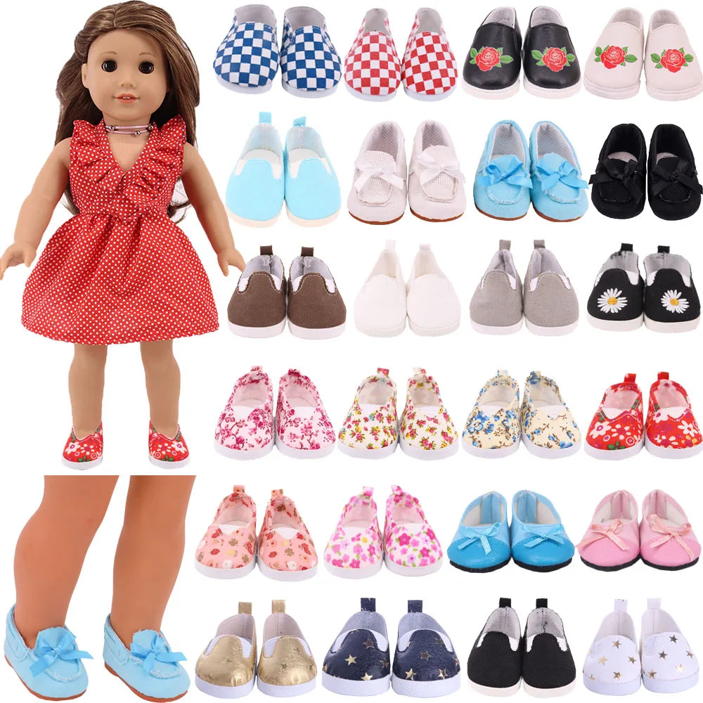 7Cm length Doll Shoes For 18 inch Girls American & 43Cm Baby New Born Doll Clothes Accessories Flowers/Bows Stamp Canvas Shoes