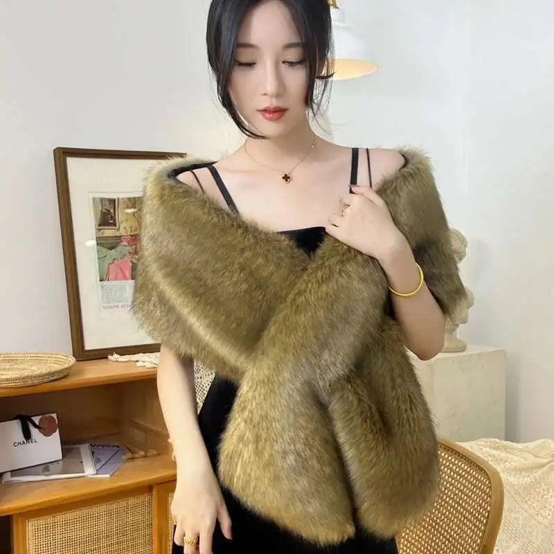 Faux Fur Wedding Shawl Woman Party Bride Cape Cloak Autumn Winter Banquet Stage Dress Scarf Bridal Wrap Bolero Accessory Stock