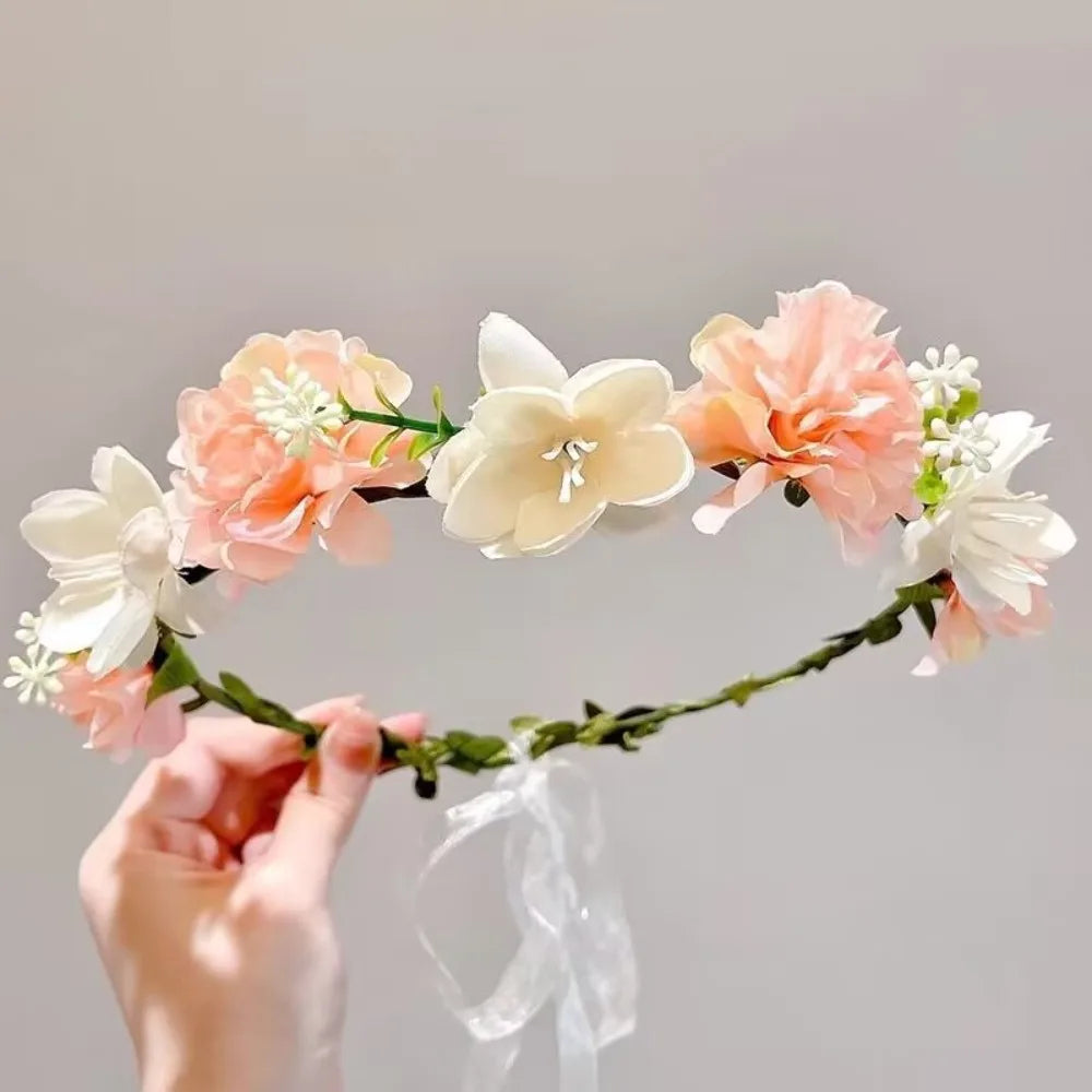 Fascinating Y2k Artificial Flower Fairy Flower Crown with Ribbon Headpiece Flower Headbands Bride Wedding Braided Wreath Women