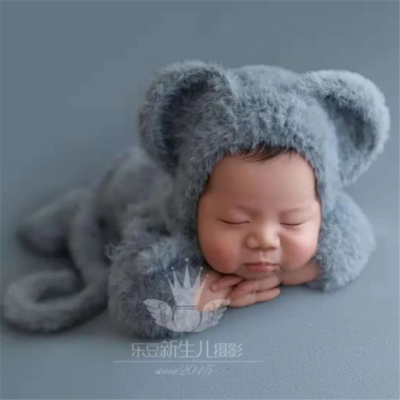 Hand Knitted Wolf Pup Footed Outfit Set Baby Boy Animal Romper Newborn Photography Prop Fuzzy Crochet Teddy Bear Overall Clothes