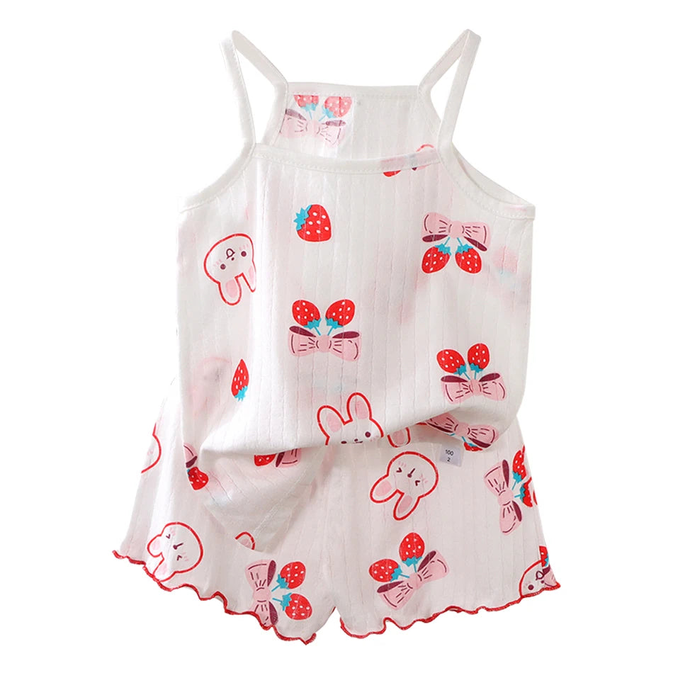 Summer Girls Sleeveless Children's Pajamas Sets Strap Sleepwear Pants Skirt Thin Kids Baby Loungewear Set Children's Top Clothes