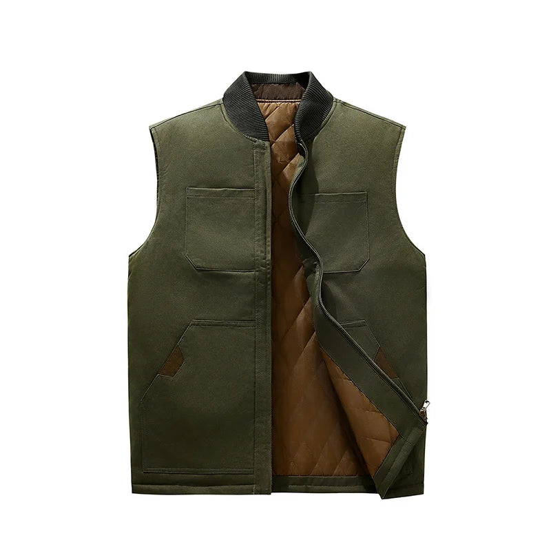 Autumn Winter Thickened Down Cotton Vest Men's Loose Fit Warmth Sleeveless Jacket New Stand Collar Jacket Outdoor Workwear Vest