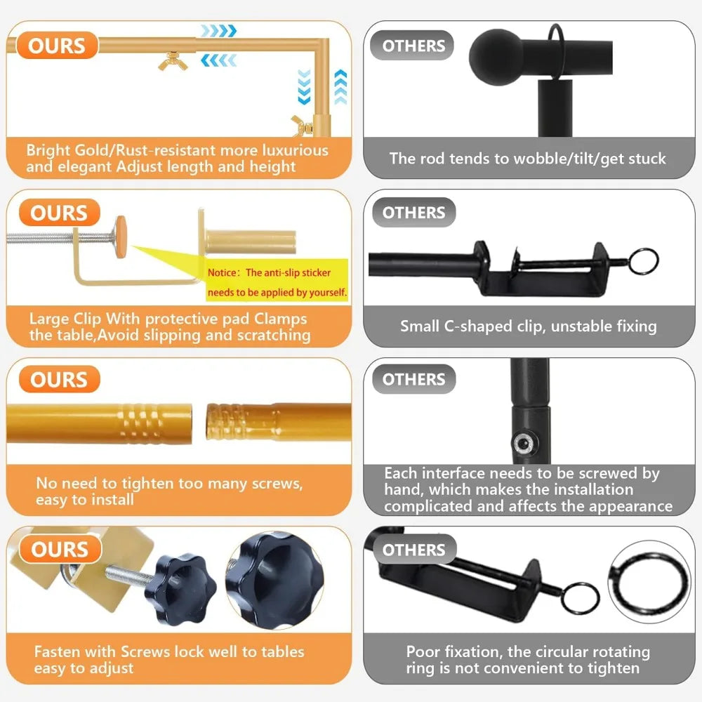 Over The Table Rod Stand with Clamps Adjustable 46"-100'' Length 29"-55" Height Gold Table Balloon Arch Stand with Storage Bag,