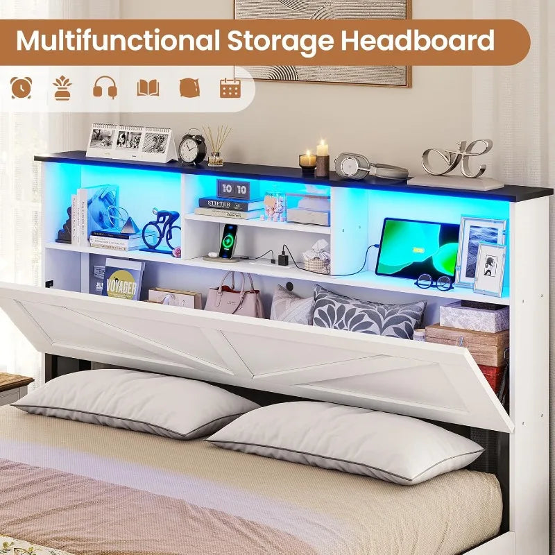 VIAGDO Farmhouse Bed Frame Queen Size with Bookcase Storage Headboard, Charging Station and LED Lights, Wooden Queen Bed Frame
