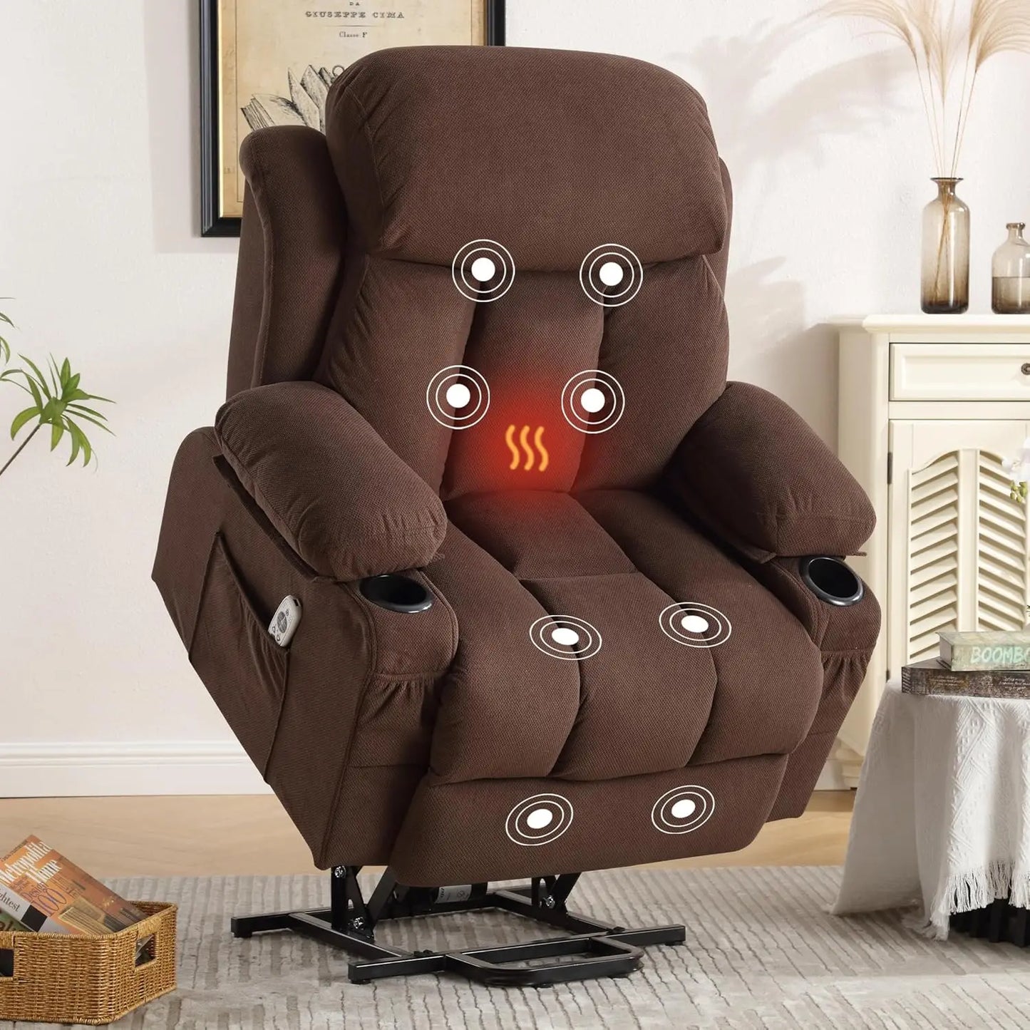 Power Lift Recliner Chair with Heat and Massage Electric Fabric Recliner Chair for Elderly with Side Pocket, USB Charge Port,
