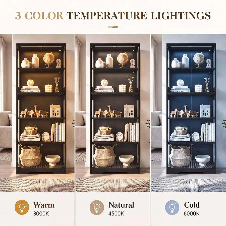 65 Display Cabinet for Living Room, Tempered Glass Doors LED Lights, Black Finish, Space-Saving Design
