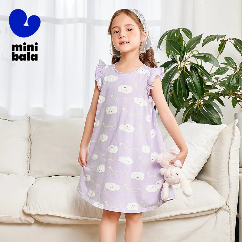 Mini Bala Summer New Kids Sweat-Absorbing Comfortable Nightgown Breathable Pure Cotton Girls Home Dress