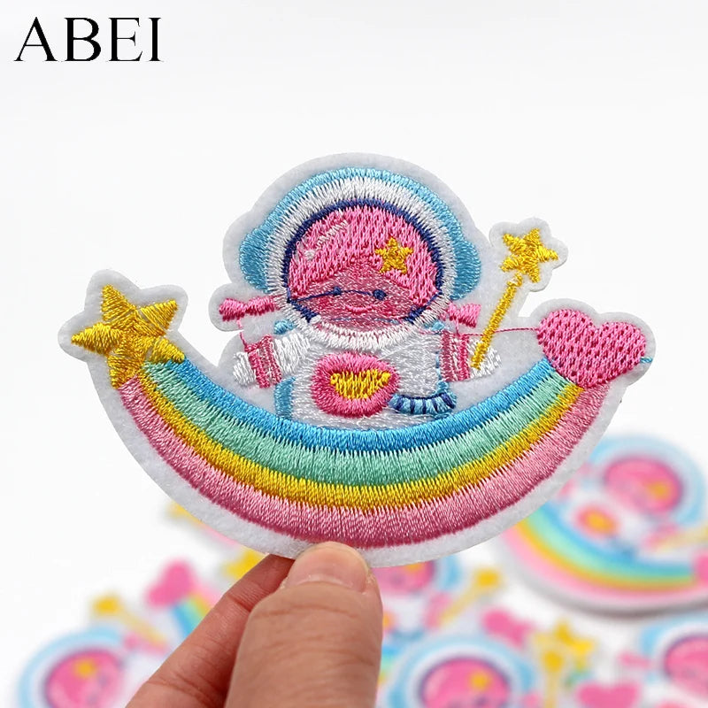10pcs Cartoon Rainbow Astronaut Stickers DIY Sweaters Jeans Coats Hats Backpack Fabric Appliques Iron On Patches Garments Badge