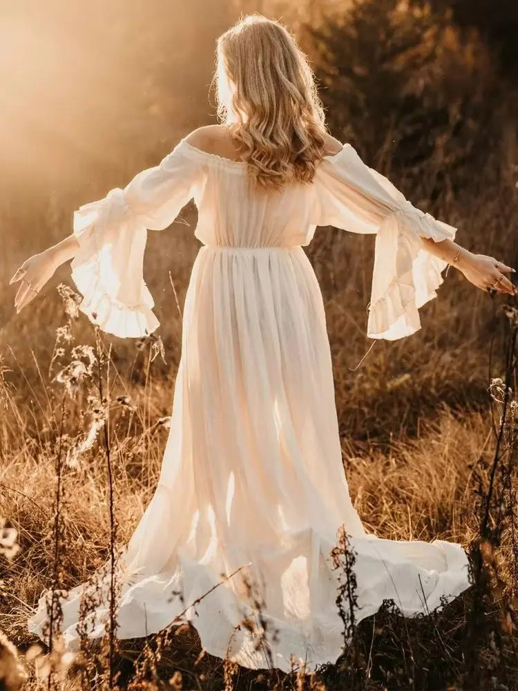 White Outfit Maternity Dress Photoshoot Long Sleeved Photography Baby Shower Dresses For Women Photo Shoot Clothes Babyshower