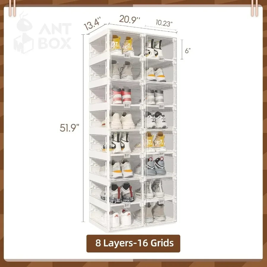Foldable Shoe Rack for Closet: Plastic, Clear, Space-Saving Stackable Organizer with Magnetic Door, 8-Tier, 16-Pair Capacity
