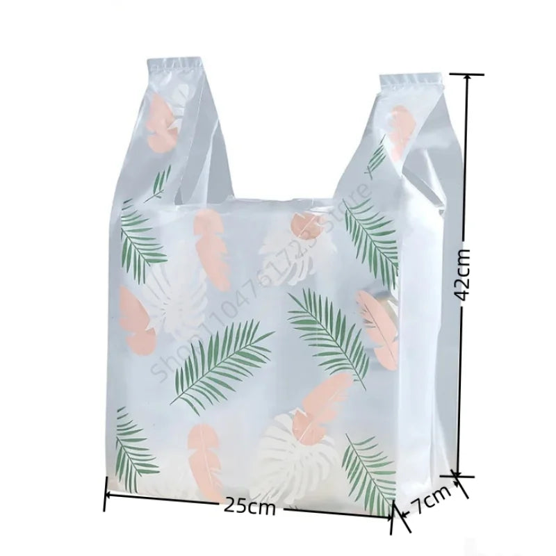 50Pcs Thickened Hand-held Plastic Bags Fashion Feather Pattern Vest Bag Supermarket Store Shopping Bag Wedding Party Candy Bags