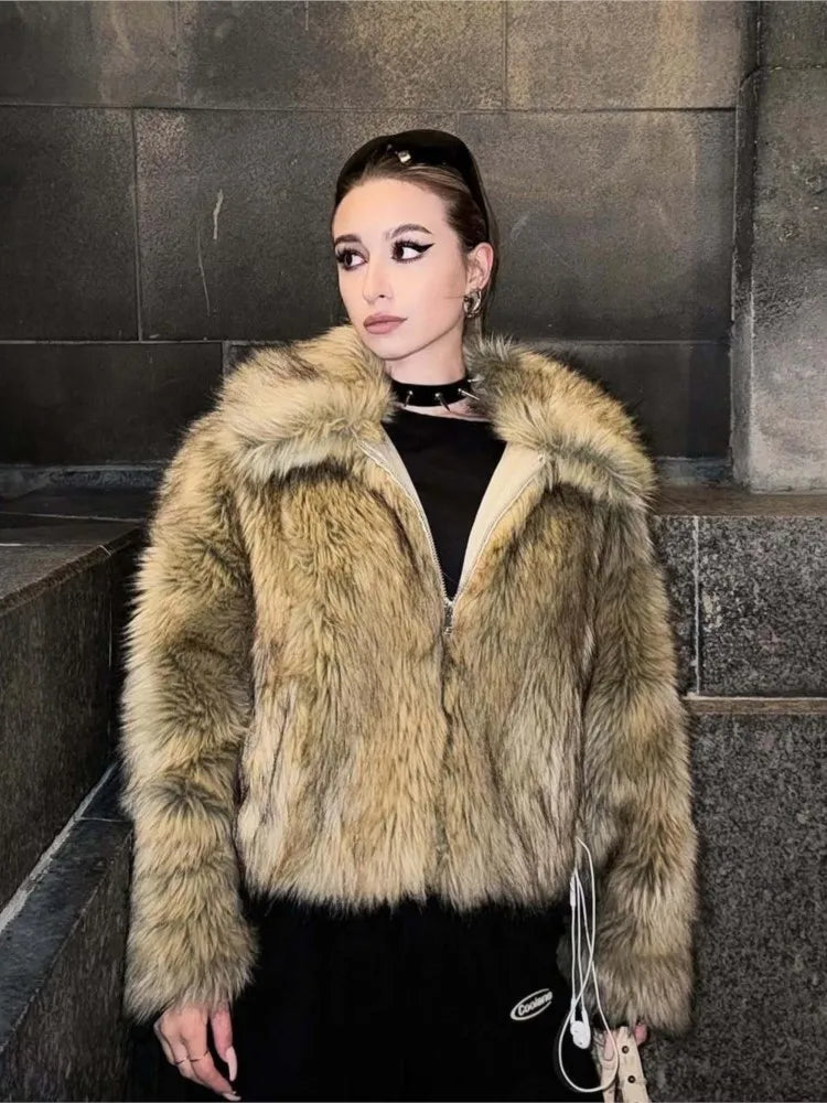 Women Faux Fur Coat Autumn Turn Down Collar Long Sleeve Women's Jacket with Zipper Fashion Female Coats