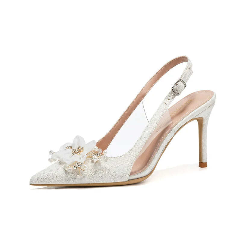 6cm 8cm 10cm Small Size 33-41 Elegant Crystal Slingback Wedding Shoes Summer Floral Sandals 2025 Thin High Heels Sandals Model