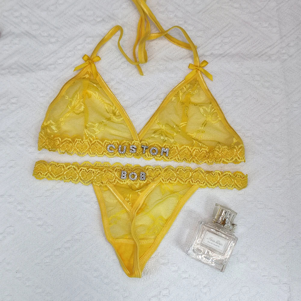 Custom Lingerie Set Name Thongs Bra Personalized Panties Bra Set With Name DIY Letter Charm Bikini Set Lace For Women Sexy Gift