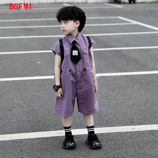 Kids Summer Shorts Overalls Capri Boys Purple Pants and Tie Clothes Boy Baby Jumpsuit 1-10Y Short Sleeved Children's Clothing