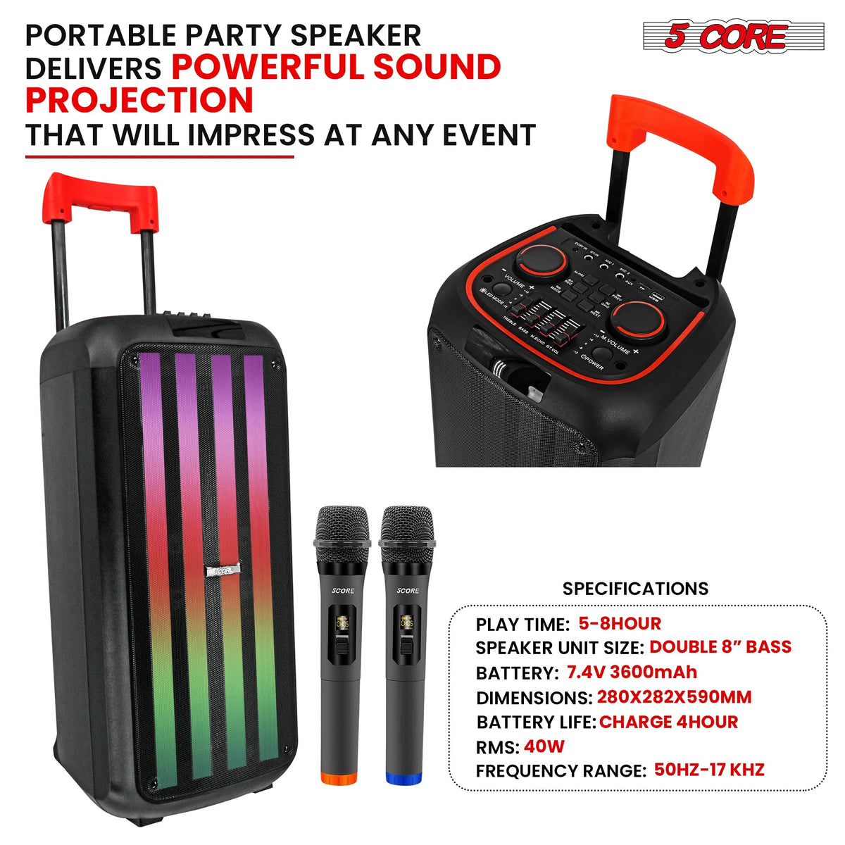 5Core Bluetooth Party Speaker 8 Inch PA RGB Partybox Karaoke Machine +