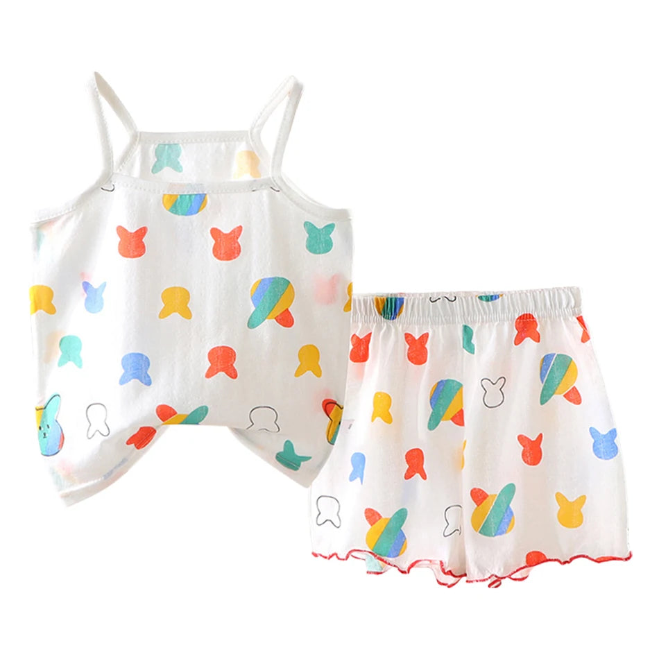 Summer Girls Sleeveless Children's Pajamas Sets Strap Sleepwear Pants Skirt Thin Kids Baby Loungewear Set Children's Top Clothes