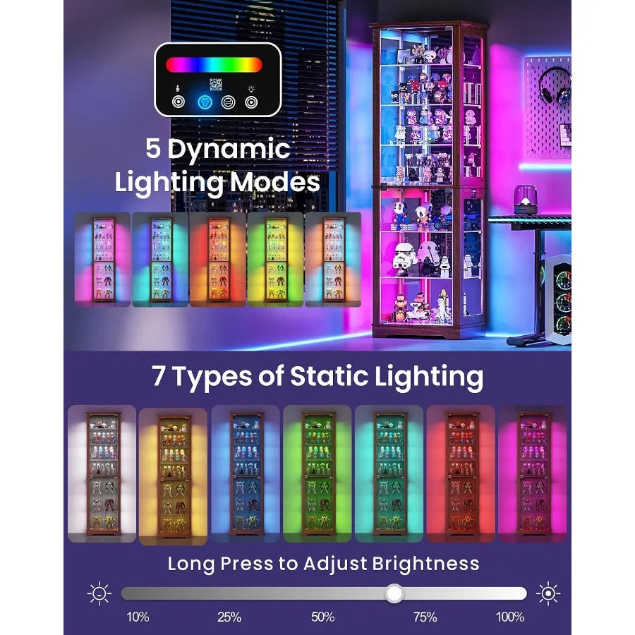 Display Cabinet with RGB Lights and Glass Doors for Collectibles: Tempered Glass, Black, Adjustable LED Lighting