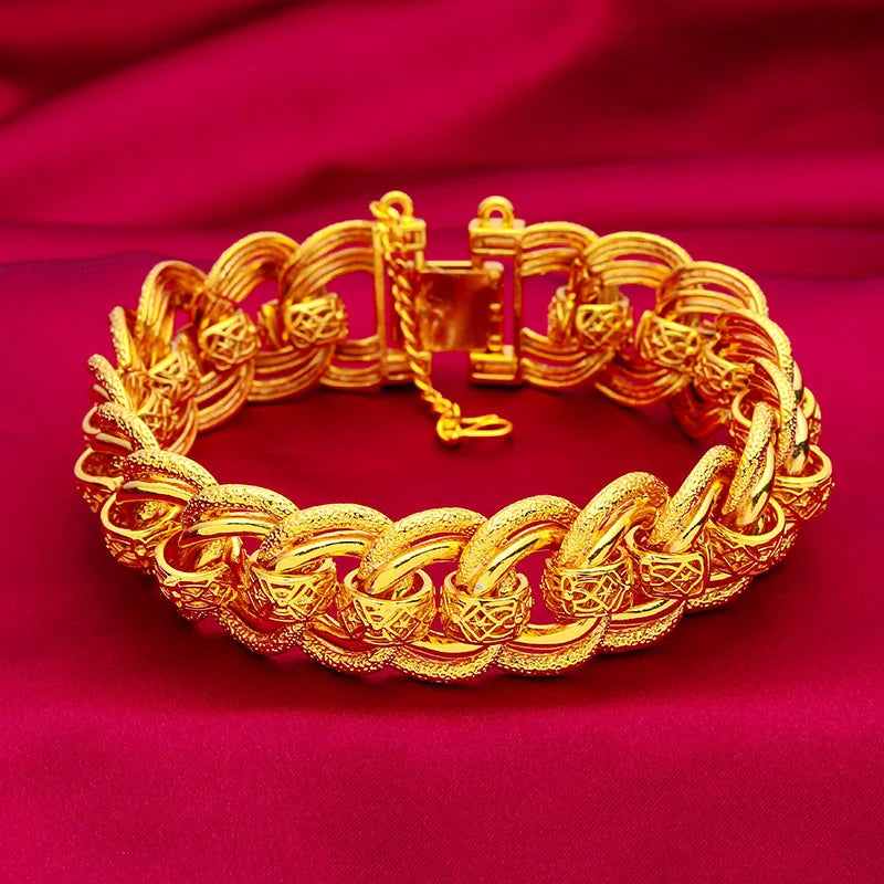 20mm Width Orginal 24k Gold Color Hollow Fried Dough Twist Bracelet for Women Bride Wedding Birthday Luck Yellow Gold Bracelets