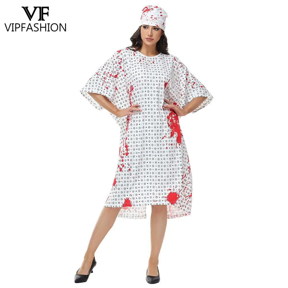 VIP FASHION Bloody Doctor Nurse Cosplay Costume Adult Halloween Party Outfit with Hat Short Sleeved Apron Stage Performance Suit