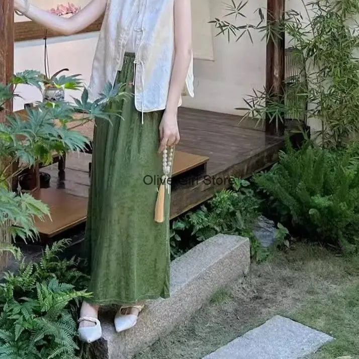 Women's Vest Skirt Set Light Luxury High End Green Half Skirt Two Piece Set New Chinese Traditional Clothing