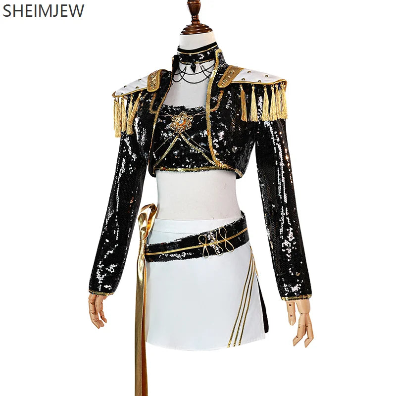 Rumi Zoey Mira Cosplay Kpop Demon Hunter Girls Group Cosplay Costume Women's Black And Gold Sequin Set Halloween Party Set 2025